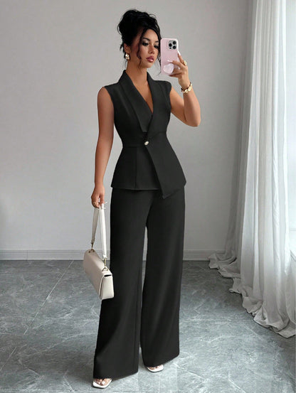 Women's Peplum Blazer & Wide-Leg Pants Set