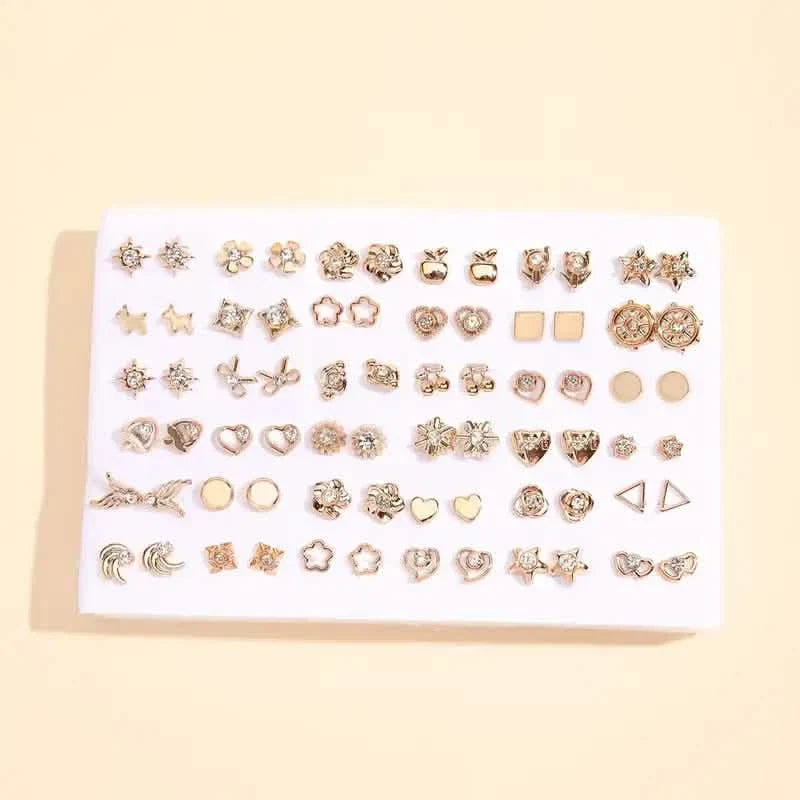 36-Pair Assorted Stud Earrings Set, Hearts, Flowers and Geometric Shapes