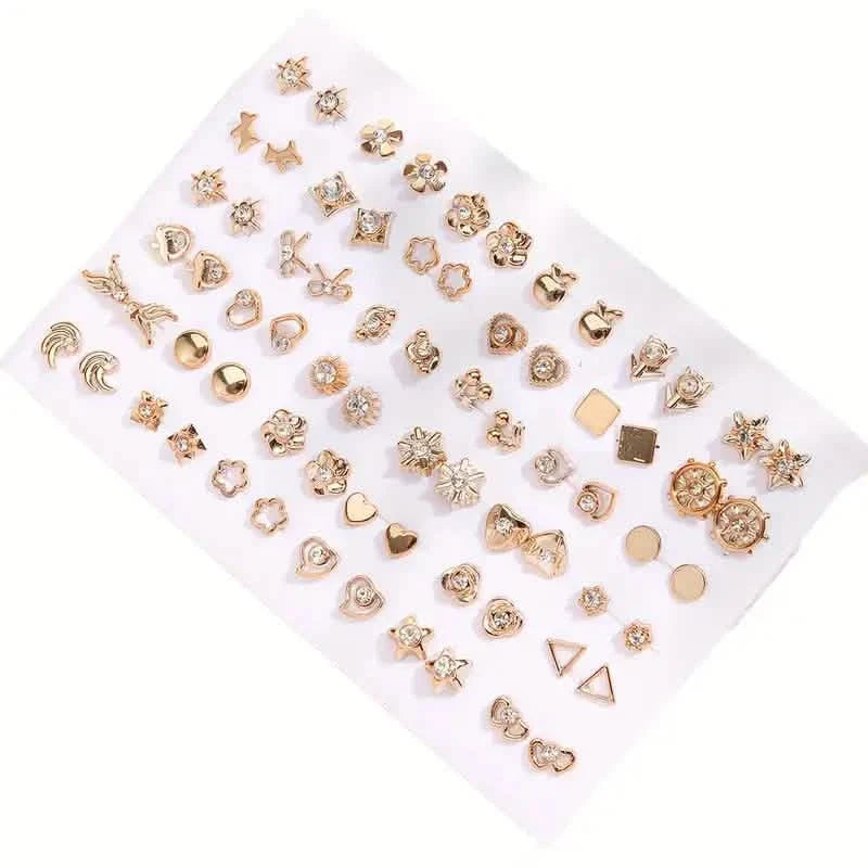 36-Pair Assorted Stud Earrings Set, Hearts, Flowers and Geometric Shapes