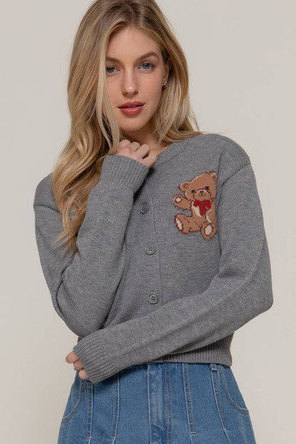 Women's Teddy Bear Embroidered Round Neck Cardigan