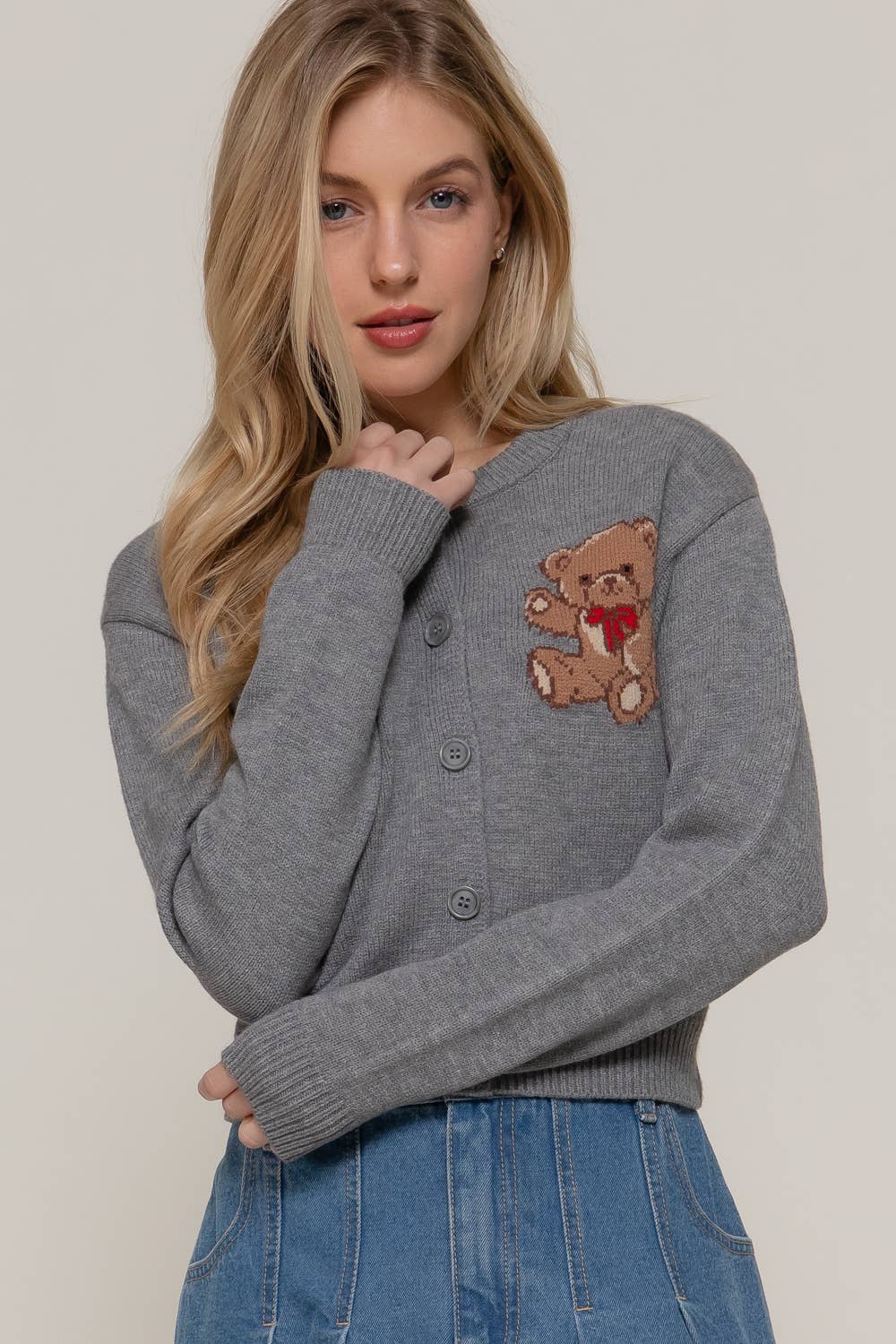 Women's Teddy Bear Embroidered Round Neck Cardigan