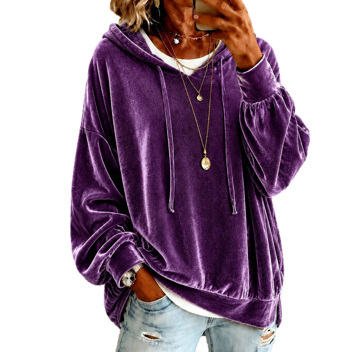 Women's Velvet Drawstring Hoodie with Pockets