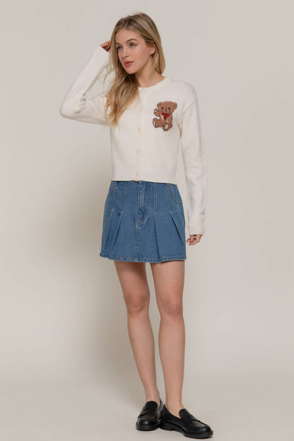 Women's Teddy Bear Embroidered Round Neck Cardigan