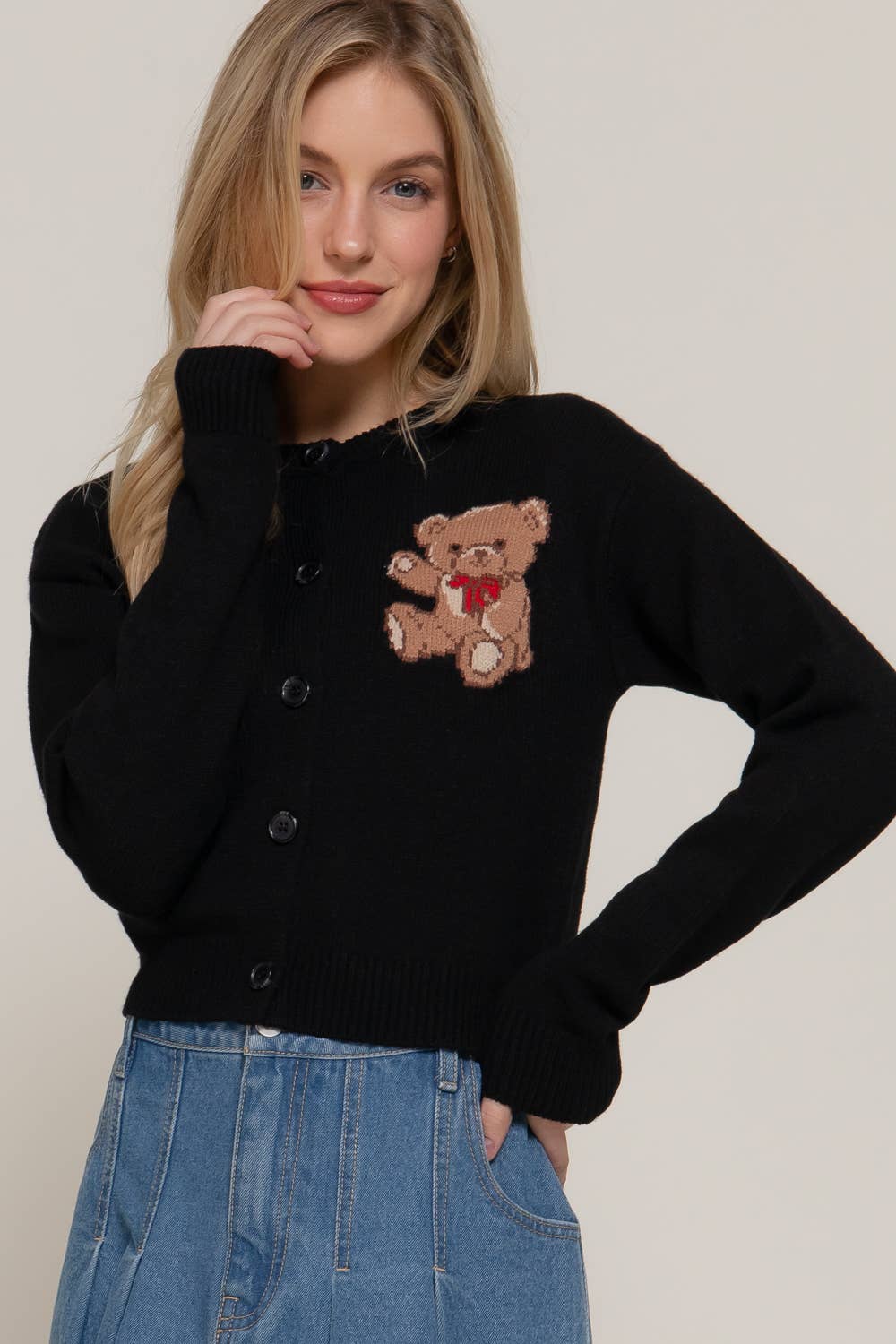 Women's Teddy Bear Embroidered Round Neck Cardigan