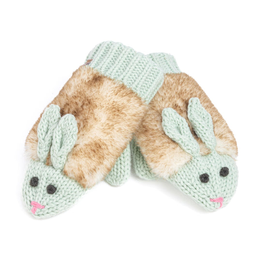Girls' Bunny Knit Mittens, Double-Layered with Faux Fur