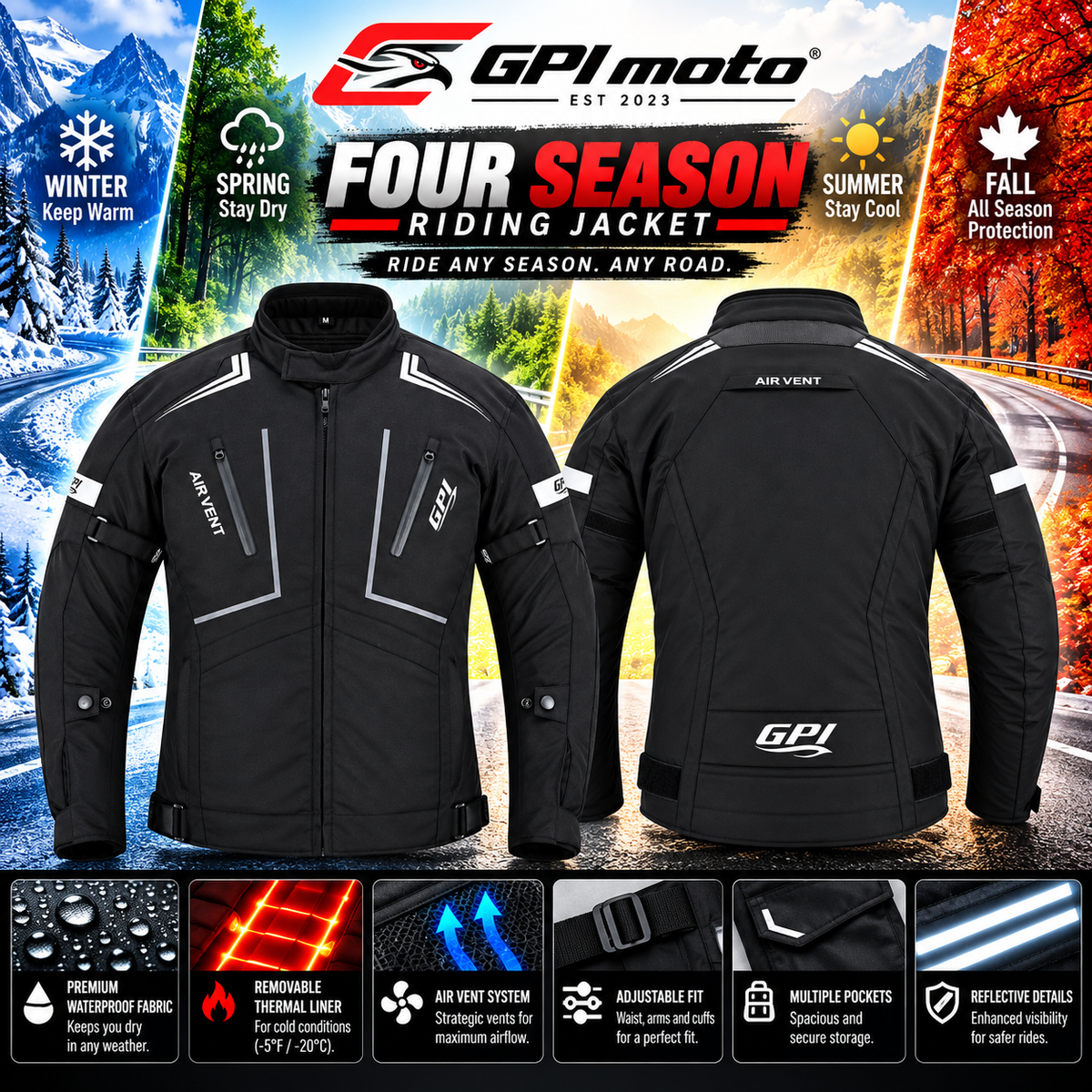 Men's All-Season Motorcycle Jacket – Black, 4 Pockets