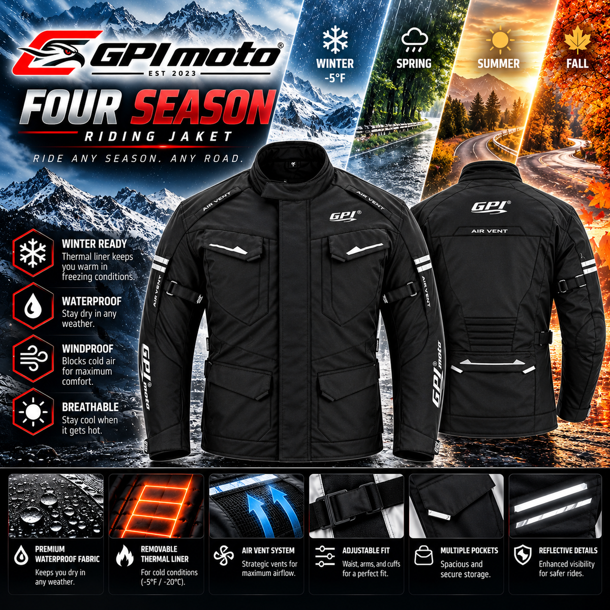 Men's All-Season Waterproof Motorcycle Jacket with Removable Armor – Full Black