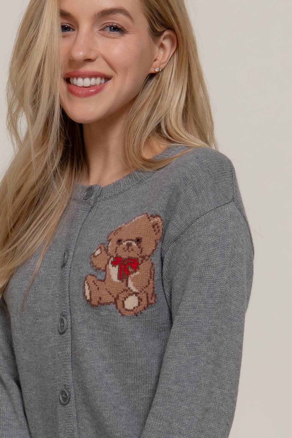 Women's Teddy Bear Embroidered Round Neck Cardigan