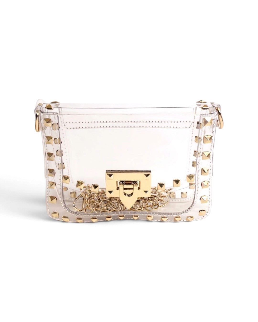 Clear Crossbody Bag with Gold Rivets and Chain Strap