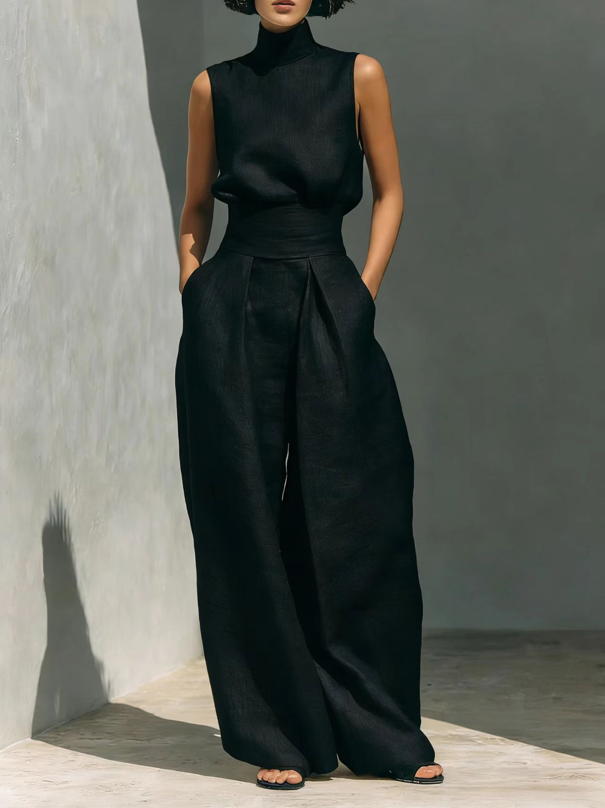 Women's Linen-Blend Top & Wide-Leg Pants Set