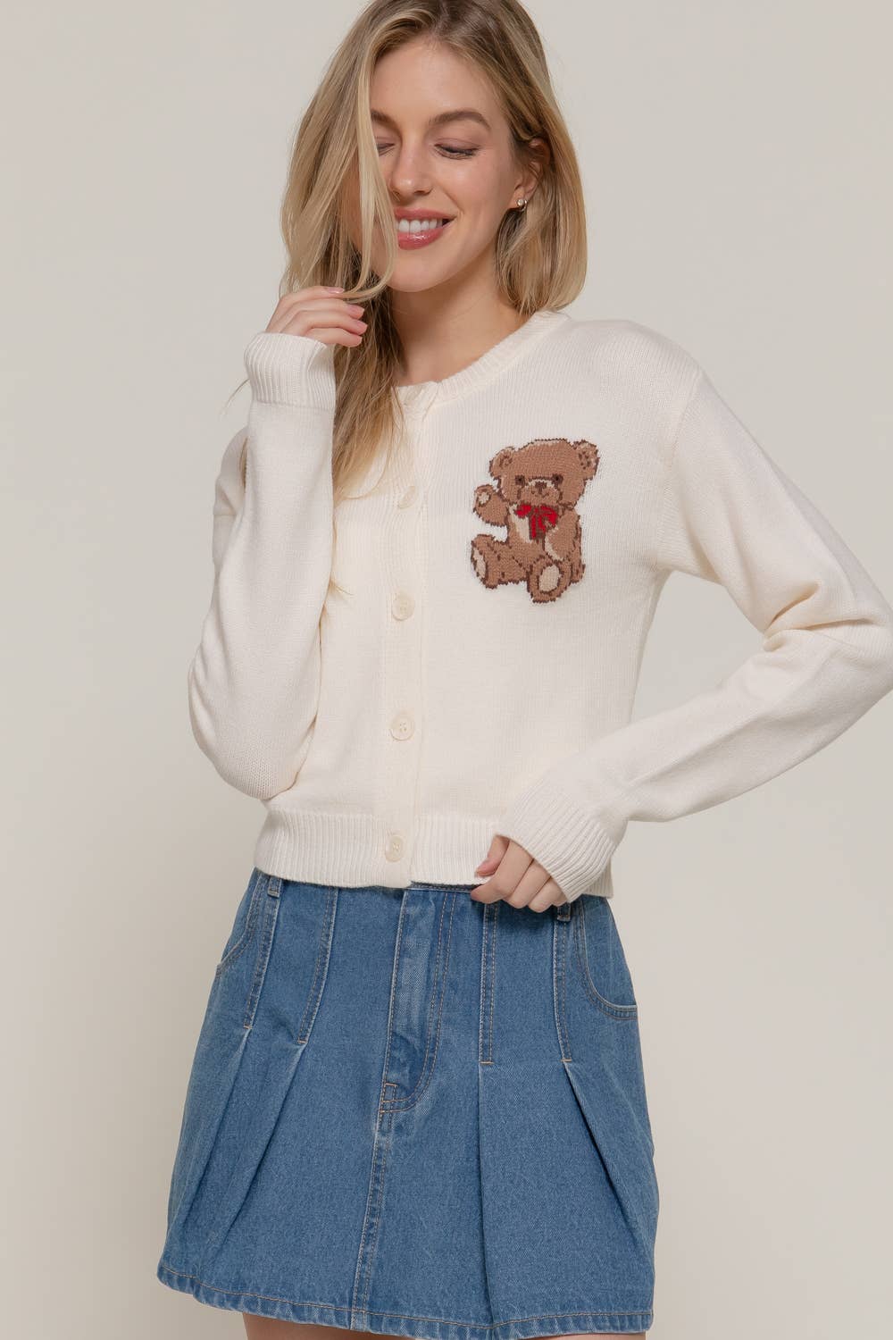 Women's Teddy Bear Embroidered Round Neck Cardigan