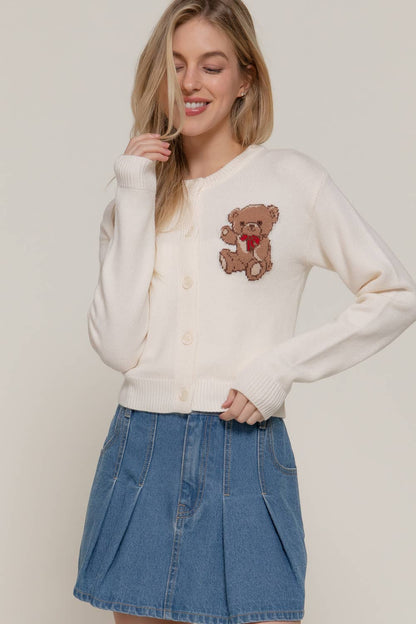 Women's Teddy Bear Embroidered Round Neck Cardigan
