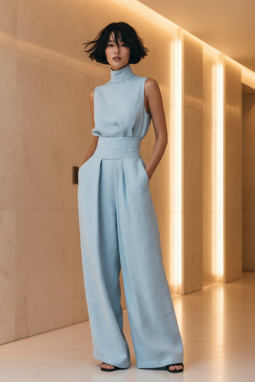 Women's Linen-Blend Top & Wide-Leg Pants Set