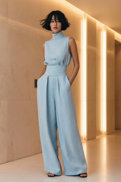 Women's Linen-Blend Top & Wide-Leg Pants Set