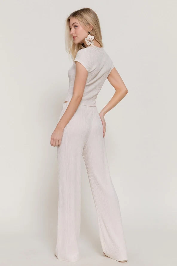 Women's Crew Neck Top & High-Waist Flare Pants Crinkle Set