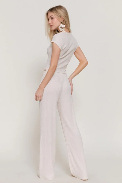 Women's Crew Neck Top & High-Waist Flare Pants Crinkle Set