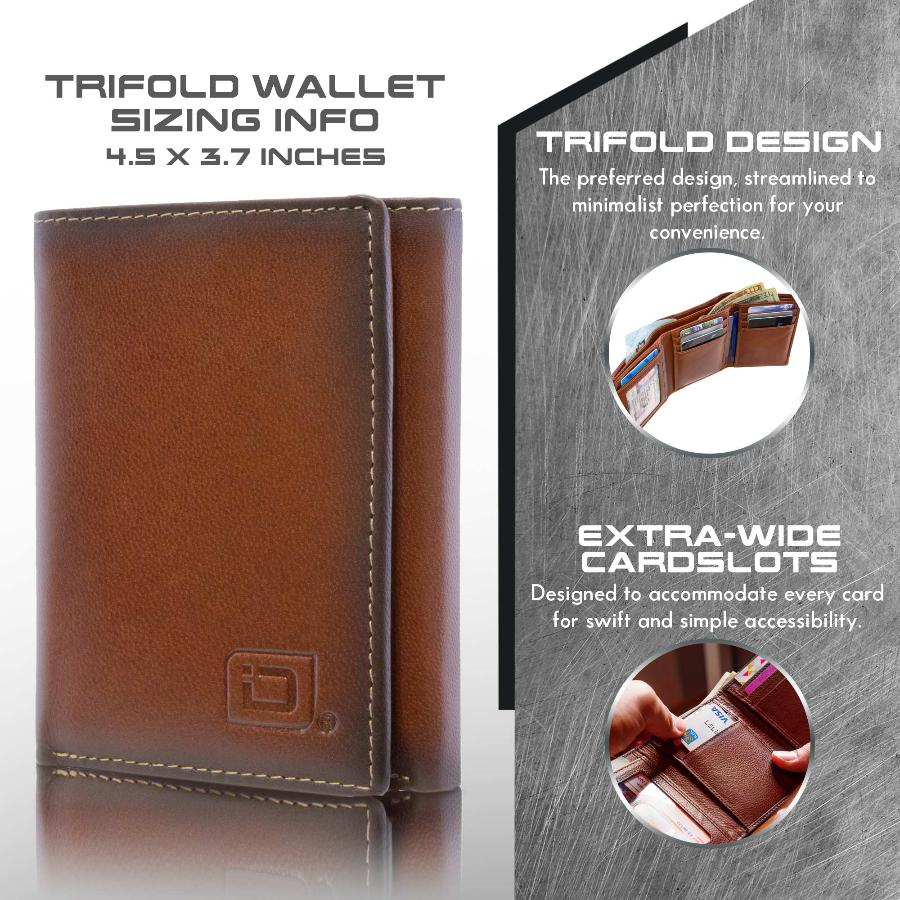 Men's RFID Leather Trifold Wallet, 7 Card Slots with ID Window