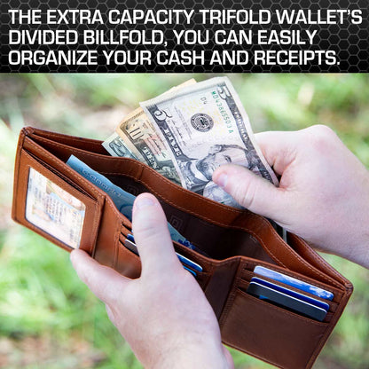 Men's RFID Leather Trifold Wallet, 7 Card Slots with ID Window