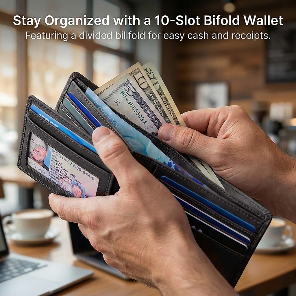 Men's RFID Leather Bifold Wallet, 10 Card Slots with ID Window