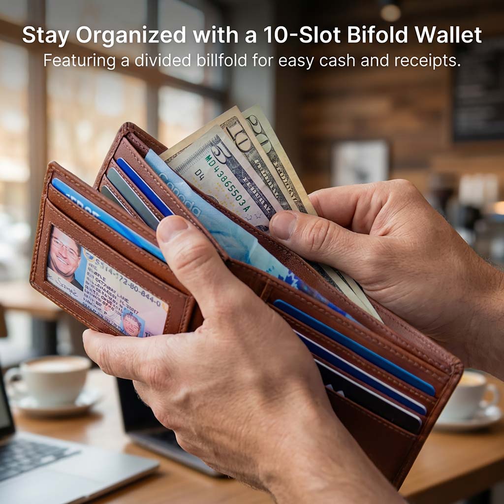 Men's RFID Leather Bifold Wallet, 10 Card Slots with ID Window