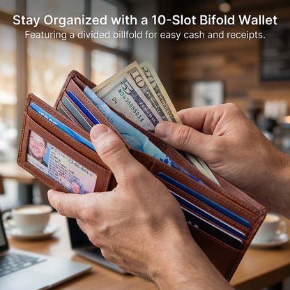 Men's RFID Leather Bifold Wallet, 10 Card Slots with ID Window