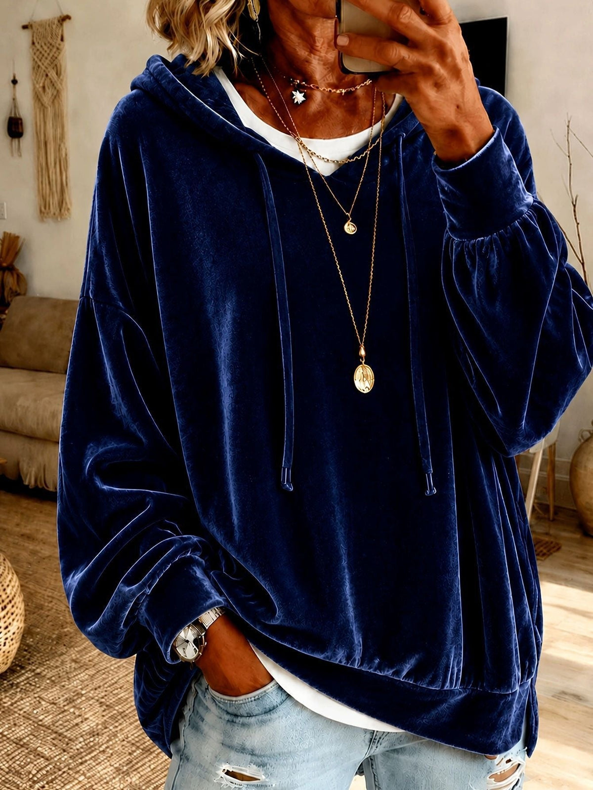 Women's Velvet Drawstring Hoodie with Pockets