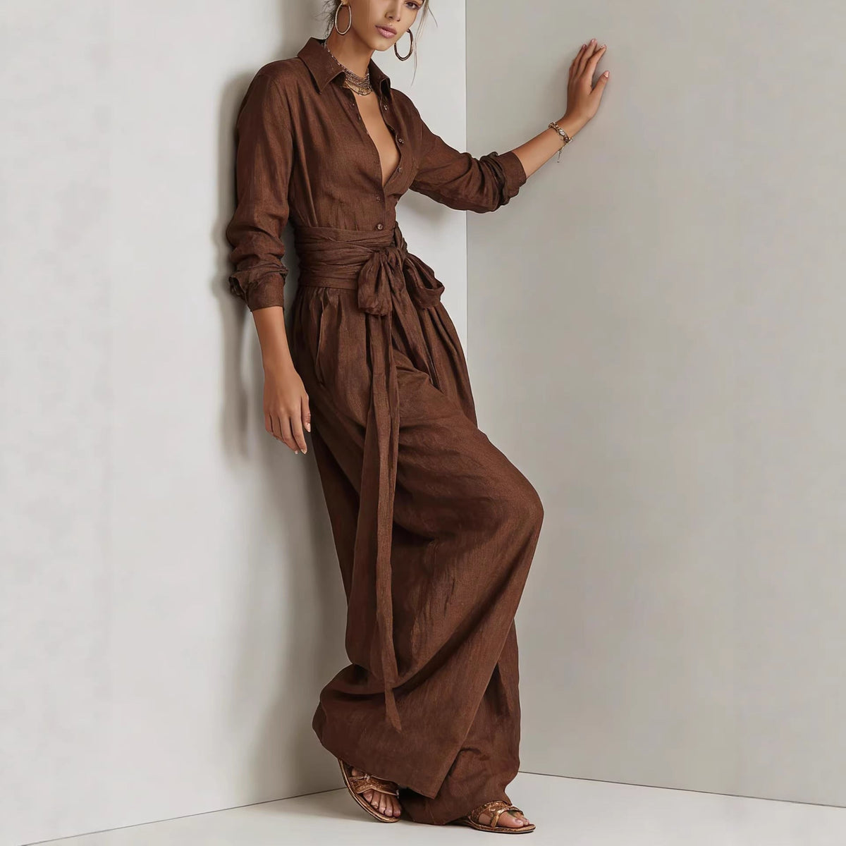 Relaxed Shirt & Wide-Leg Pants Set with Tie Belt