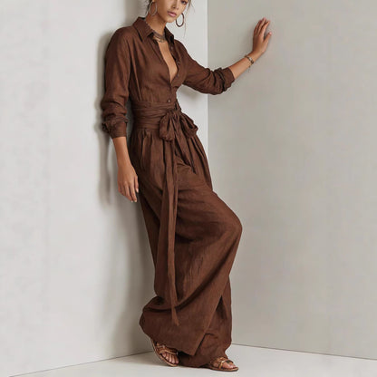 Relaxed Shirt & Wide-Leg Pants Set with Tie Belt