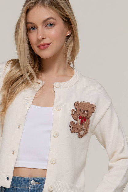 Women's Teddy Bear Embroidered Round Neck Cardigan
