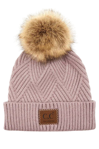 Women's Heather Beanie with Pom and Suede Patch