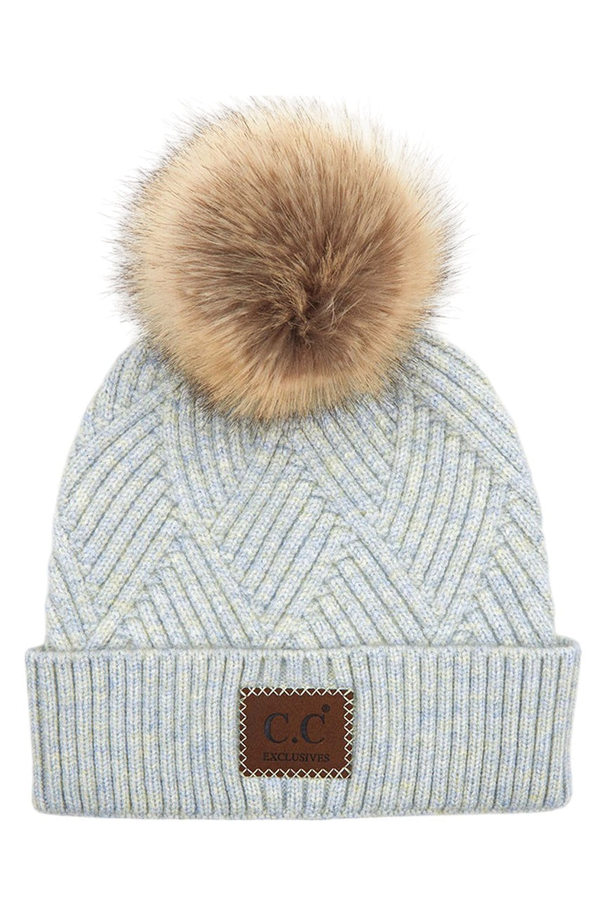 Women's Heather Beanie with Pom and Suede Patch