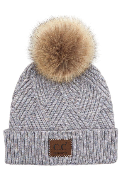 Women's Heather Beanie with Pom and Suede Patch