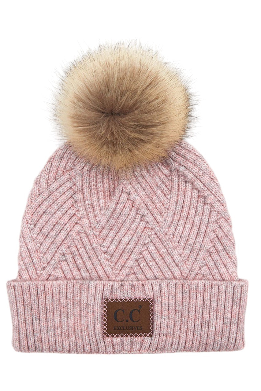 Women's Heather Beanie with Pom and Suede Patch