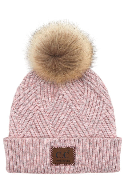 Women's Heather Beanie with Pom and Suede Patch