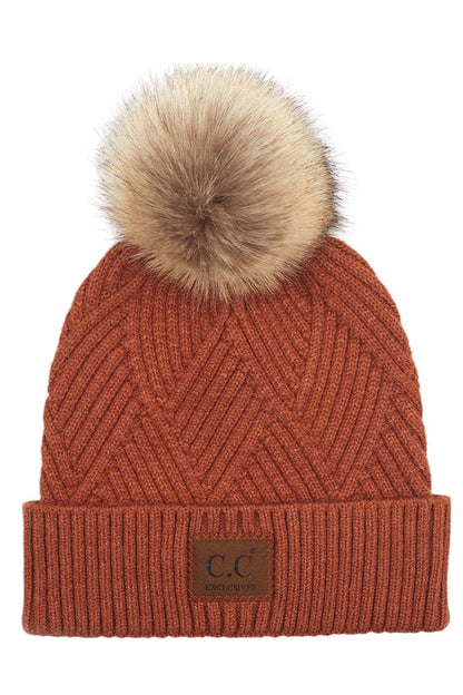 Women's Heather Beanie with Pom and Suede Patch