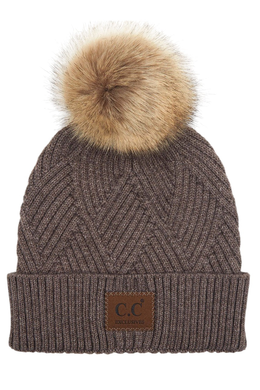 Women's Heather Beanie with Pom and Suede Patch