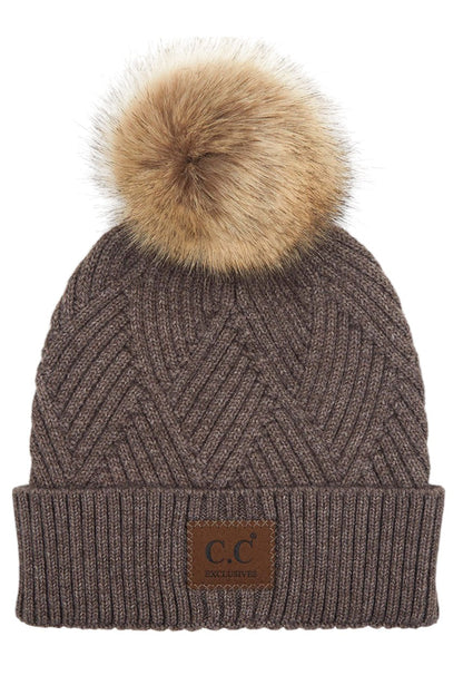 Women's Heather Beanie with Pom and Suede Patch