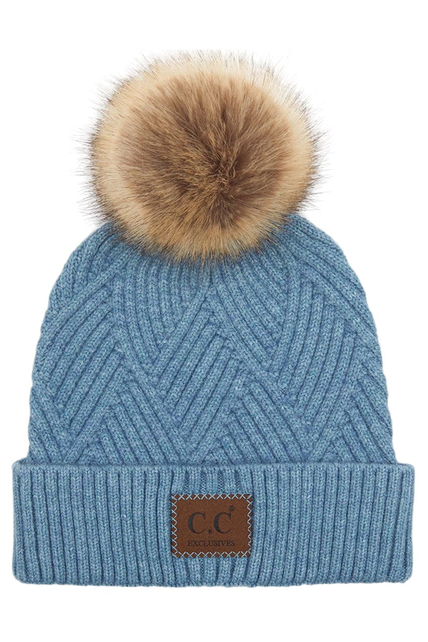 Women's Heather Beanie with Pom and Suede Patch