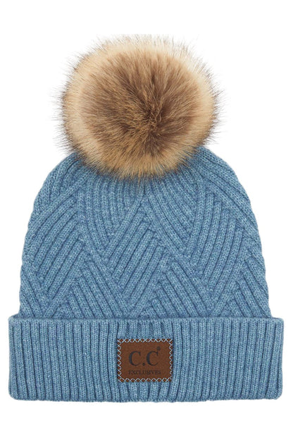 Women's Heather Beanie with Pom and Suede Patch