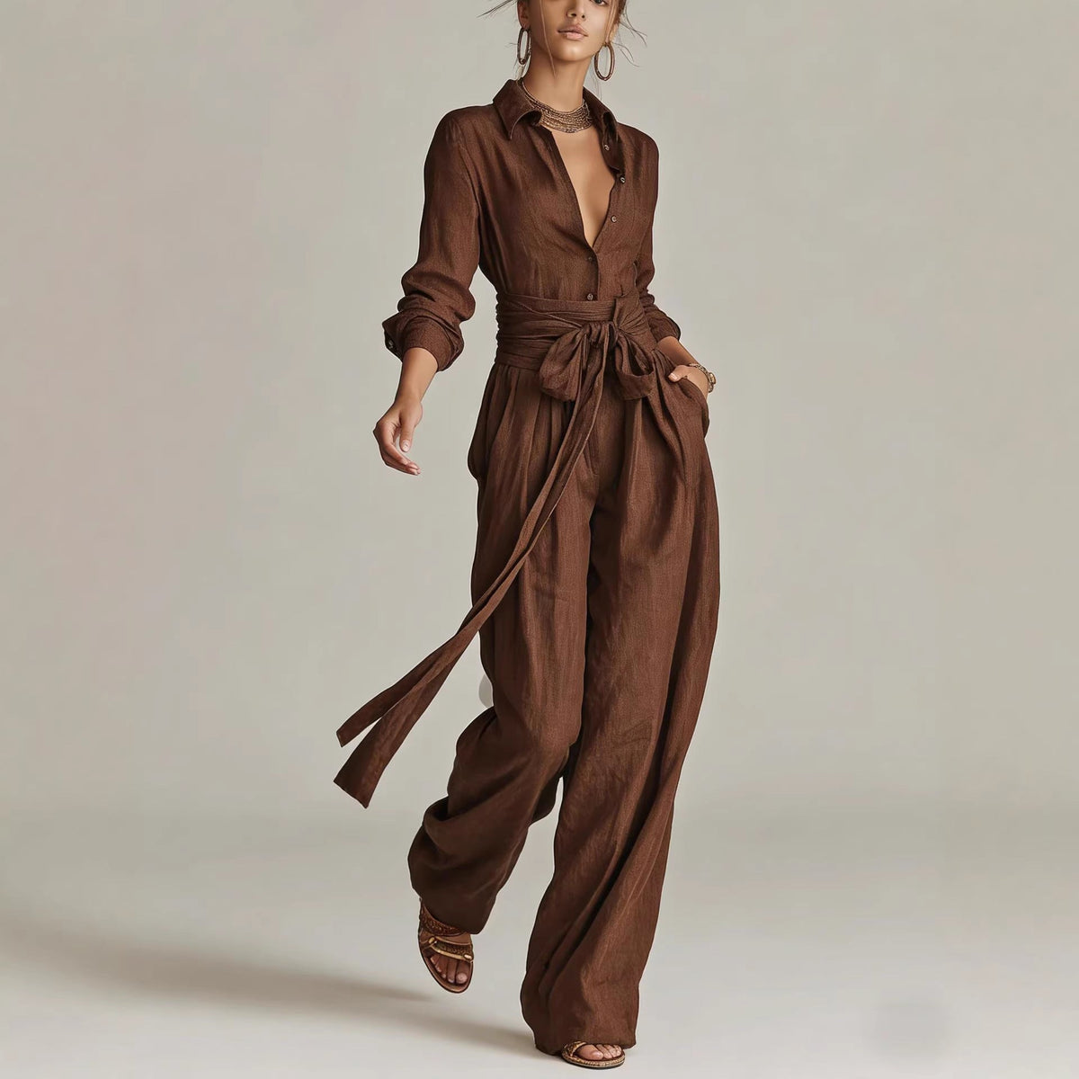 Relaxed Shirt & Wide-Leg Pants Set with Tie Belt