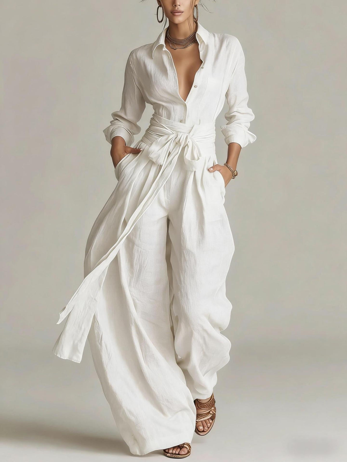Relaxed Shirt & Wide-Leg Pants Set with Tie Belt