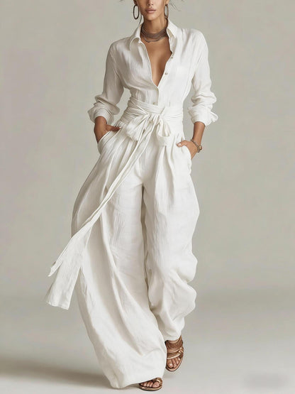 Relaxed Shirt & Wide-Leg Pants Set with Tie Belt