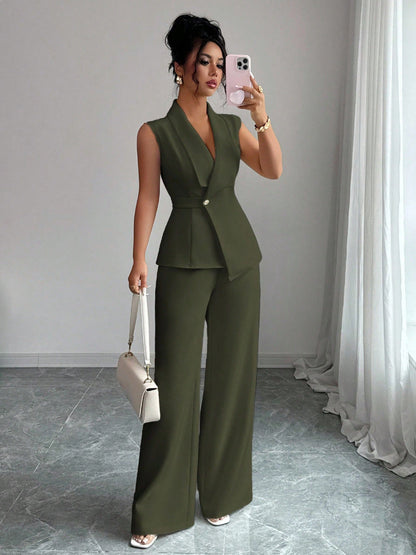 Women's Peplum Blazer & Wide-Leg Pants Set