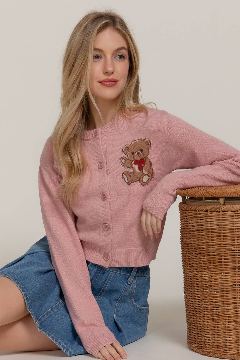 Women's Teddy Bear Embroidered Round Neck Cardigan