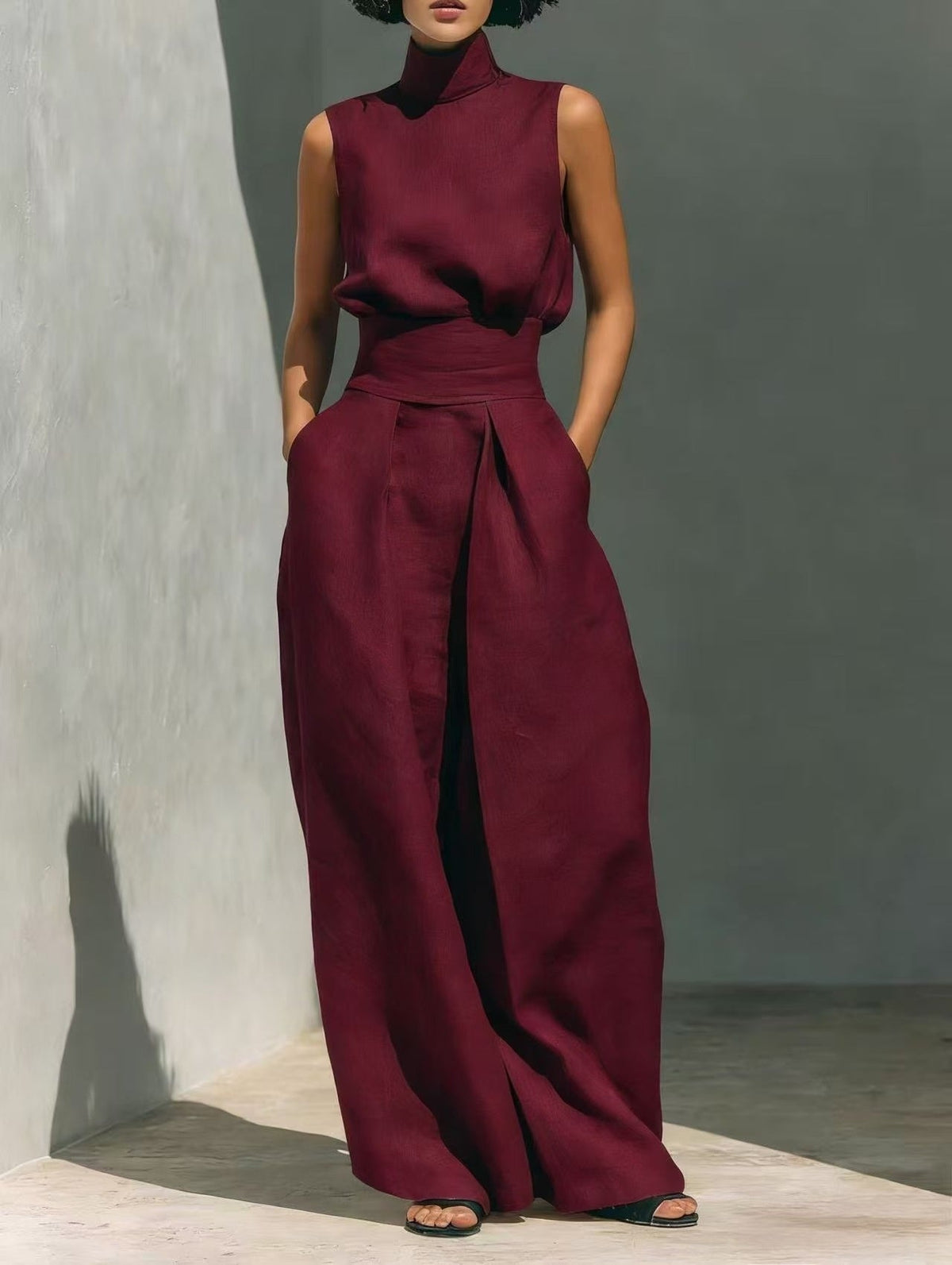 Women's Linen-Blend Top & Wide-Leg Pants Set