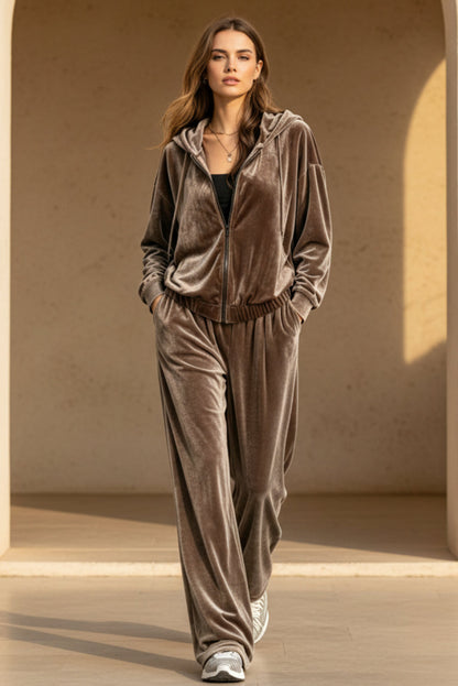 Women's Velvet Zip Hoodie & Wide-Leg Pants Set