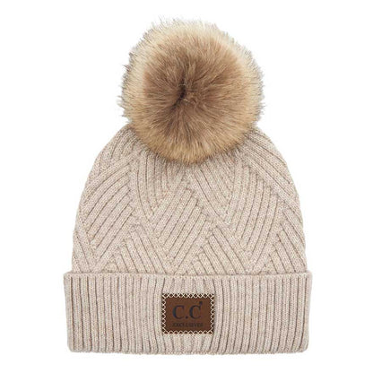 Women's Heather Beanie with Pom and Suede Patch