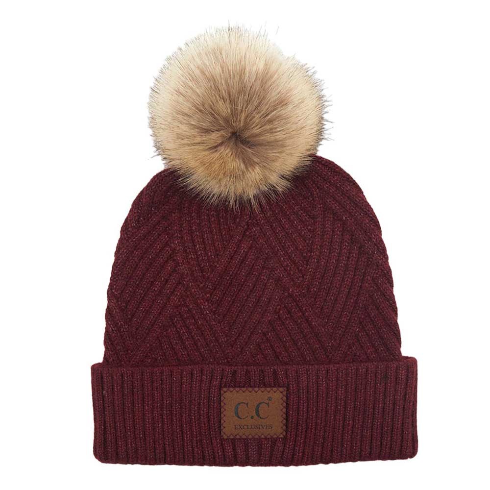 Women's Heather Beanie with Pom and Suede Patch