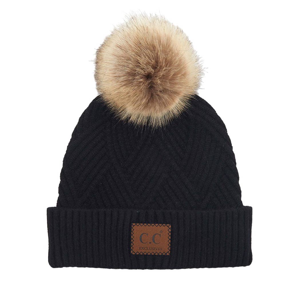 Women's Heather Beanie with Pom and Suede Patch