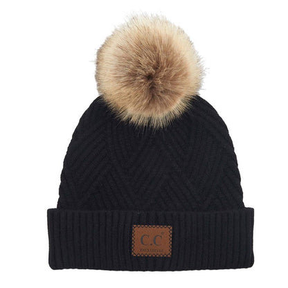 Women's Heather Beanie with Pom and Suede Patch
